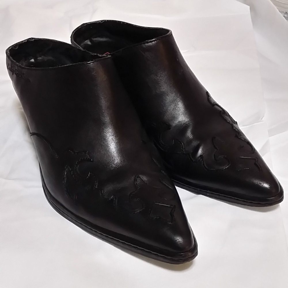 Harley Davidson Black "Rodeo Flame" Leather Clogs Slip-On Western Mules $200
